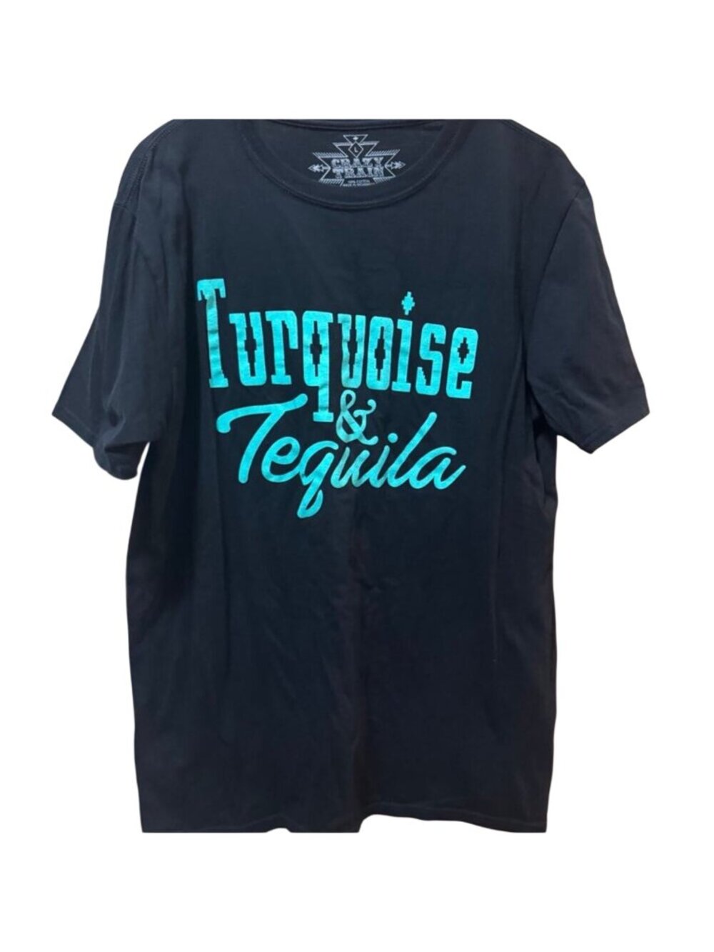 Crazy Train Turquoise & Tequila Black Graphic T-Shirt*Large*100% Cotton*EUC